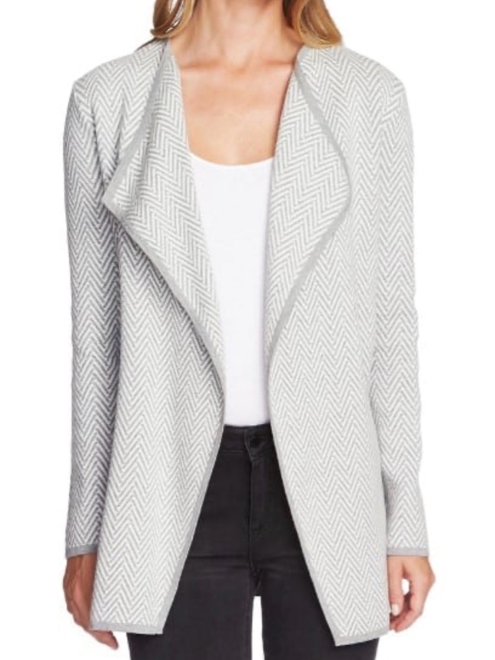 Vince Camuto Light Gray Herringbone Open-Front Cardigan Sweater